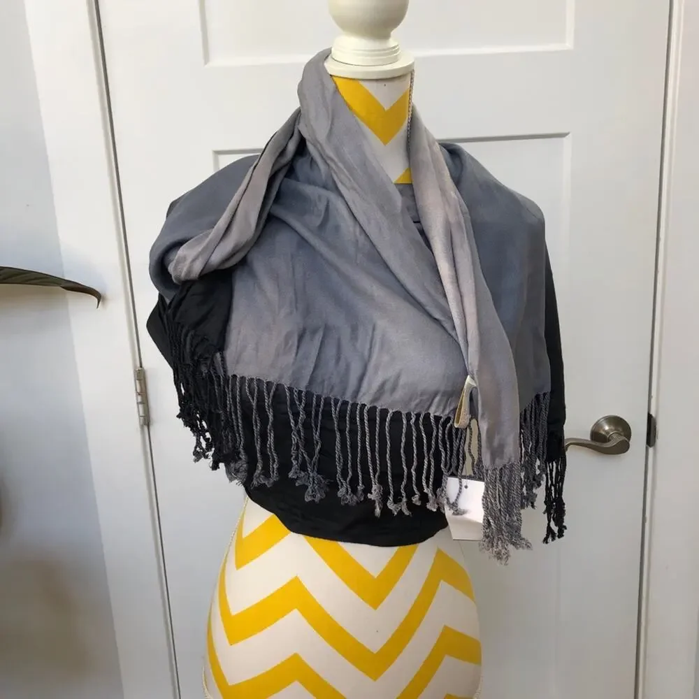 Gray Ombre Wrap Scarf w/ Fringe Shades of Grey to Black 100% Rayon Dry Clean